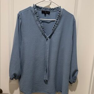 Fred David Slate Blue Ruffle Tie-Neck Blouse